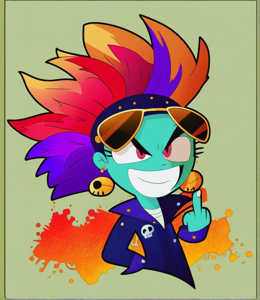 Punk style, Fantasy Gothic, ((The most rebellious bad girl in history)), 1girl, ((solo)), (((Stylish sunglasses))), Pirate hat, Lips in love, Skull Fashion, Neon, Short iridescent hair, Rainbow fabric, Biker Jacket, Bodysuit, Gold pattern, Ancient runes, Metal nails, (Middle finger raised:1.3), Standing in front of a motorcycle skull graffiti art background, Add whimsy to the scene, To enhance the sharpness and modernity of the scene, Sharp lines, Bold brushstroke numbers, Surrealism, Conceptual art, Futurism, UHD, masterpiece, accurate, anatomically correct, textured skin, super detail, high details, award winning, 8k