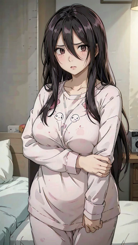 1girl,perfect ,black hair, long hair, (hair over one eye:1.4), messy hair, hair between eyes, hairclip,plump, chubby,fat, saggy breast, cute motif pajama, cute angry blush on , bedroom 