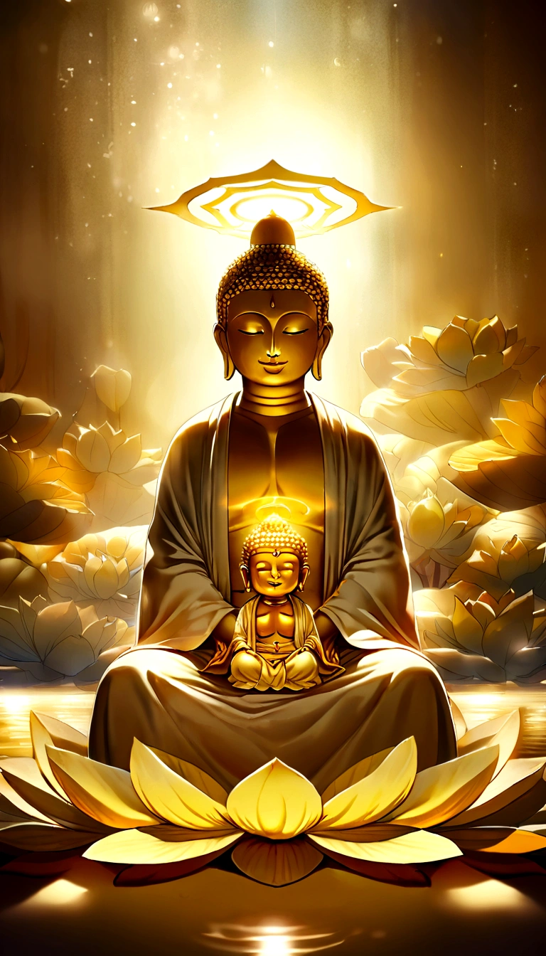 (Buddha sitting on a lotus, With a kind smile, Golden light shining behind, Halo of Protection)