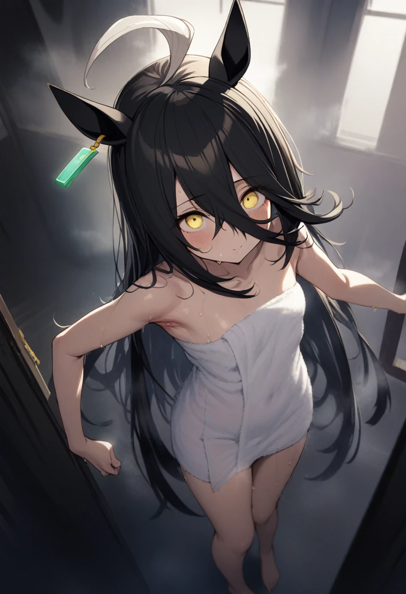 1girl, manhattan cafe \(umamusume\), side view, solo, light room, small breasts, fluffy towel, naked towel, in bath dressing room ,steam fog, sweat, wet, armpits, messy hair, yellow eyes, from above, masterpiece, highly detailed, nsfw
