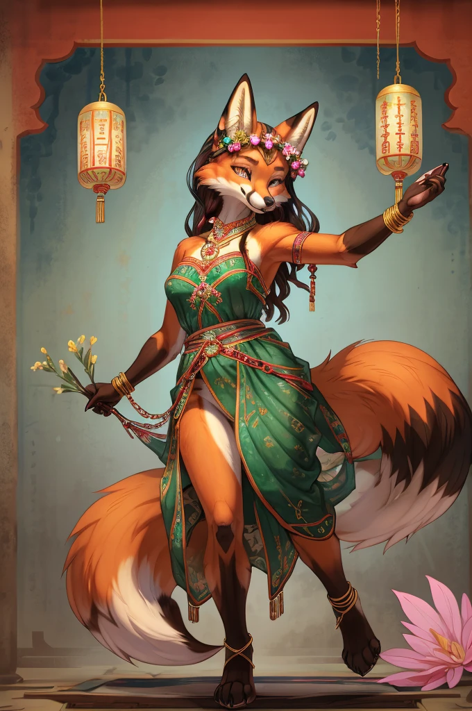 top quality, ancient Chinese beauty(highly detailed beautiful face and eyes)absurdres, perfect anatomy((beast woman, solo focus)) (((furry))) (furry anthro:1.7) ((((Furry body, fox facial features, fox body features)))) ((fox's muzzle, very detailed body fur))full body, dancing pose, gorgeous dress embroidered with intricate embroidery, transparent colorful ribbons tied around her arms, bare shoulders, open neck, wreath, black bun with flower hairpins Belts, armbands with streamers, necklaces, bracelets, anklets, metal chain tassels around the waist, Mogao Grottoes art, inspiration from Dunhuang Flying Apsaras murals, ink wash, Have sex without limits