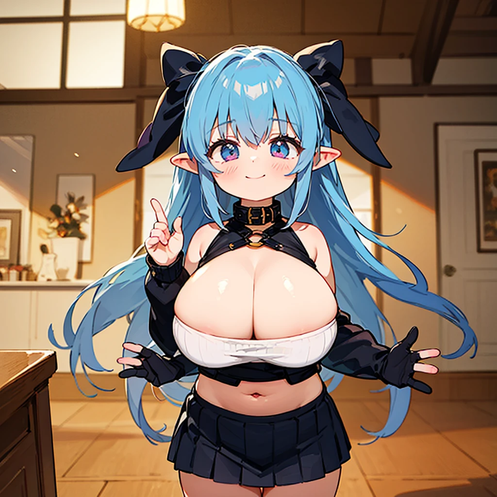 masterpiece, Highest quality, so beautiful, Absurd, 8k, tlps,One girl,alone, Pointed Ears, Single Blade, Aqua Hair, Captivating smile, Bare shoulders, Large Breasts, Cleavage, Side bust, Black Horn,Detachable collar, Crop top, turtleneck, mini skirt, abdomen, Are standing, indoor, palace,(Huge breasts: 1.2)