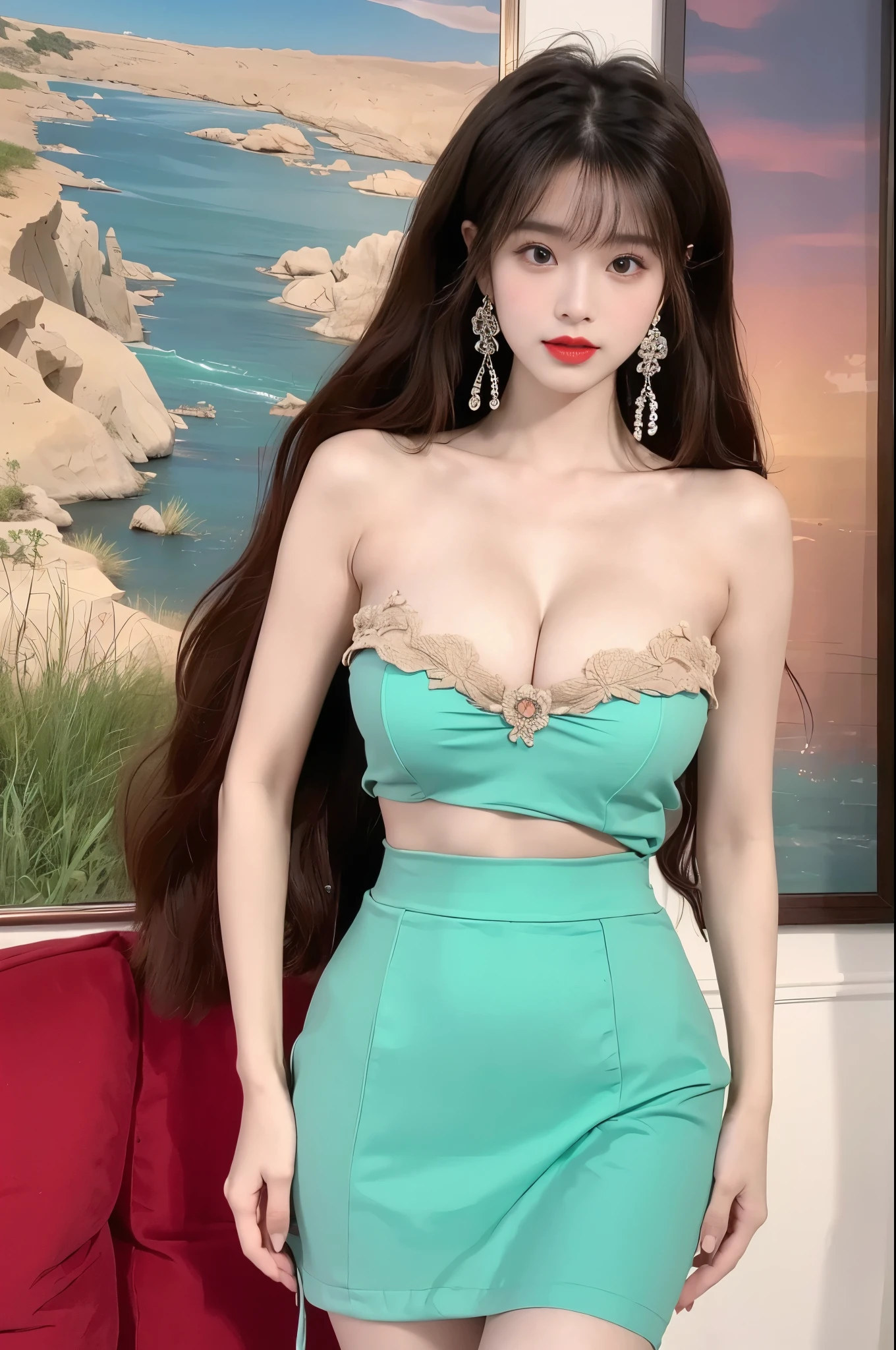 Beauty, beautiful女人，Have a perfect body：1.4，Layered Hairstyle，((Big breasts)), ((D cup)), Visible cleavage，Bare shoulders, Highly detailed face and skin texture，Double eyelids，Skin Whitening，Long hair，Whitening long legs，Standing by the sea, Fashion girl, Red lips, Sweet maiden, beautiful妆容, detail, lifelike, Very detailed, amazing, beautiful, Young and energetic, high quality，High Definition, rich and colorful，Exquisite, Smooth skin, The skirt is short, Lift the skirt with your hands, Elegant and charming posture, Official Art, Extremely detailed, Movie atmosphere, Soft colors, Natural skin texture,