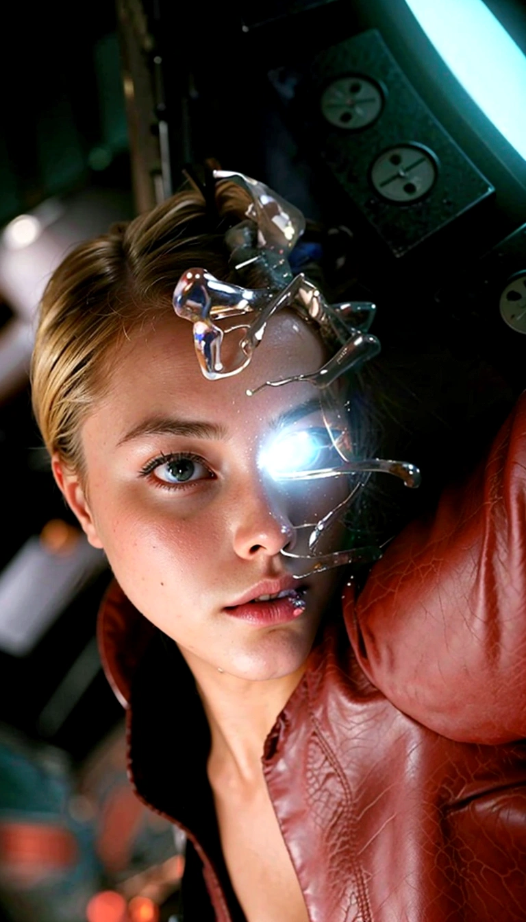 Blonde woman in leather jacket leaning on a wall with a neon light, Kristanna Loken, fatalidad cara hermosa,