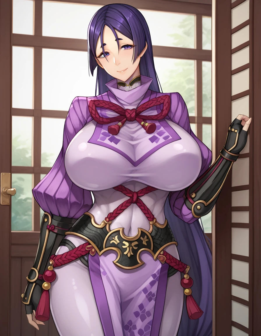 score_9, score_8_up, score_7_up, source_anime,
raikou, raikou, parted bangs, purple eyes, purple hair, long hair, hime cut, forehead, mature female,
arm guards, armor, black gloves, bodysuit, fingerless gloves, gloves, japanese armor, kote, loincloth, purple bodysuit, ribbed sleeves, tabard, toned,mother,maternal,maternal instinct,Super huge breasts,whipped thighs,smile,near body,SFW,in doors,house,