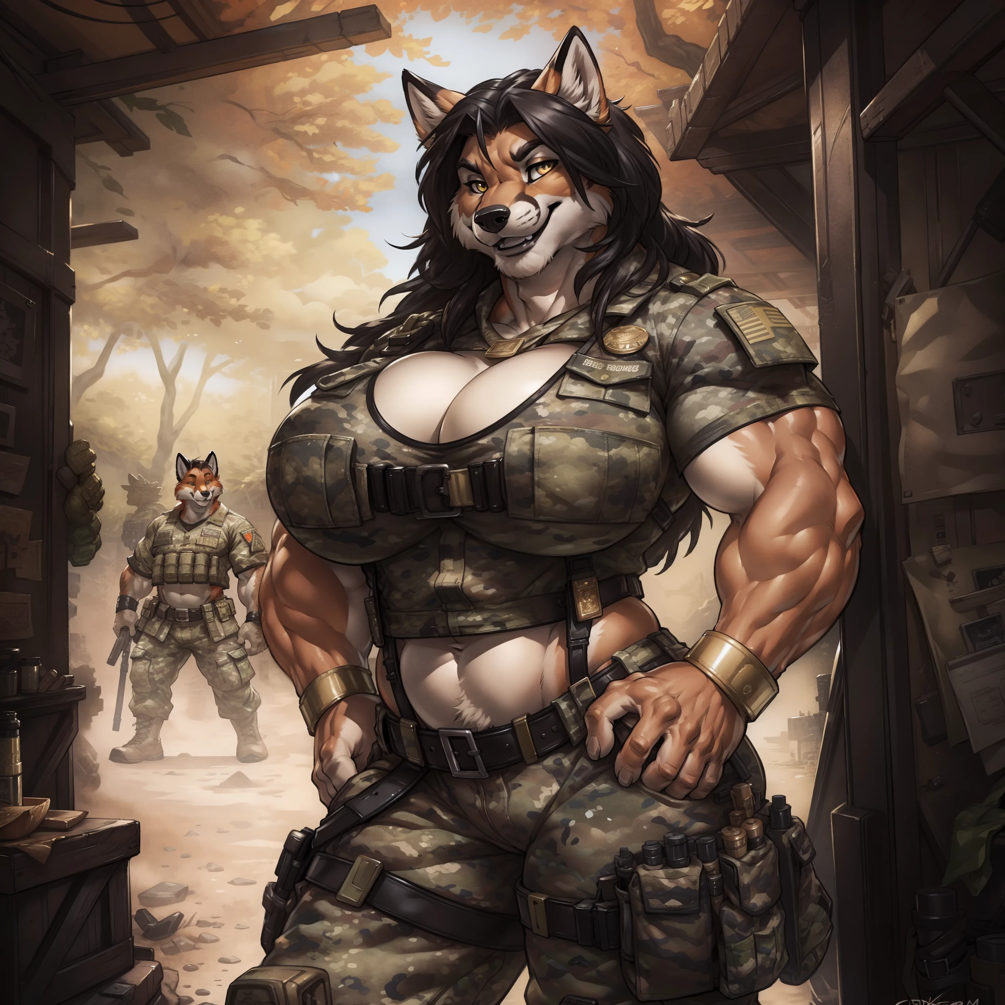 solo, 1girl, fox, female, broad shoulders, stocky build, buff, muscular, large breasts, gold eyes, highly detailed eyes, long snout, Amazon, powerful figure, wearing camouflage_uniform, (monochrome uniform:1.2), military camp, rolled sleeves, shirt, trousers, cleavage, standing upright, combat boots, full body, smiling, friendly, looking at viewer, realistic lighting, by darkgem, by wfa, by gideon,