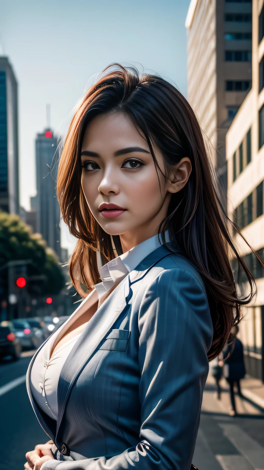 (8k, RAW Photos, 最high quality, masterpiece: 1.2), (Realistic, photoRealistic: 1.37), 1 Woman in a suit standing on the sidewalk, Cityscape, Day, Sunny Morning, Professional Lighting, Photon Mapping, Radio City, Brazilian Women, Torn, shirt, Woman in a suit, Silk Suit, masterpiece, 最high quality, high quality, High resolution, Big Tits, ((Face close-up)),