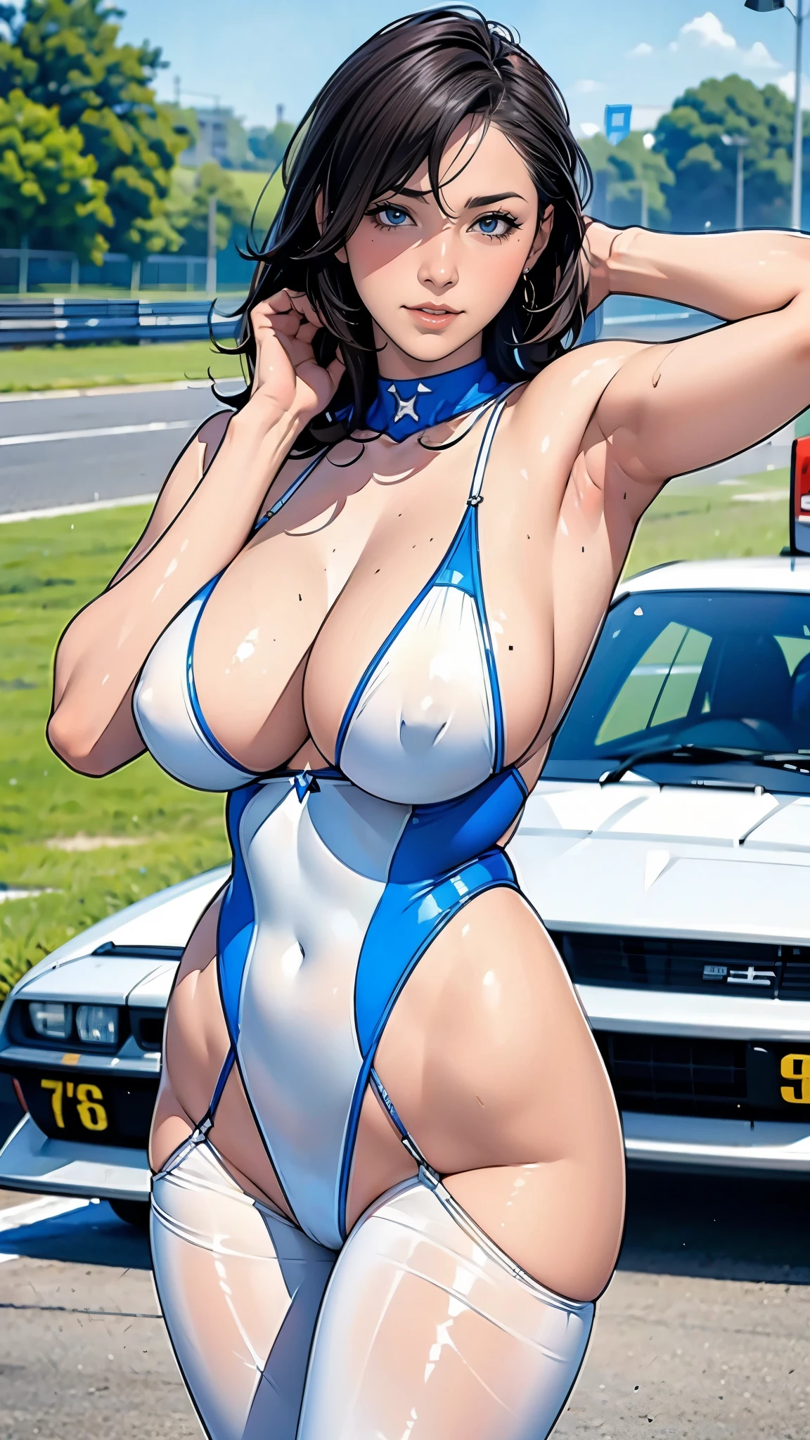 (masterpiece:1.2, Highest quality), (Realistic, photoRealistic:1.4),(Very detailed),8K,wallpaper,1 female,Mature Woman,50 years old,((Race Queen Leotard)),((pantyhose)),((Car racing track in the background)),(((Background Blur))),(((race_queen,leotard,highleg))),BREAK(((betterhand))),Random hairstyle,Random pose,(((Beautiful female hands,detailed drawing of a hand))),((From the back))