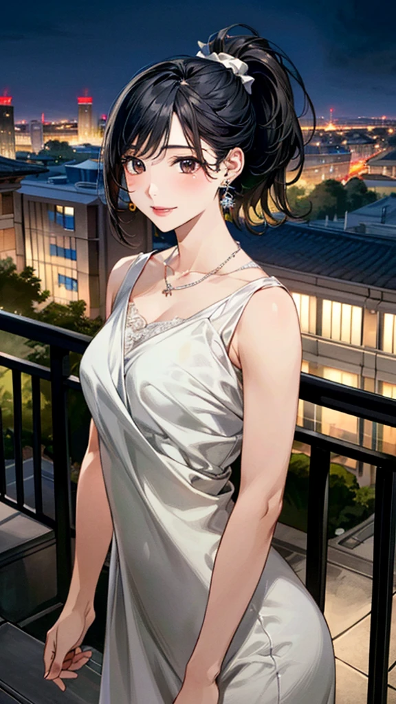 (masterpiece:1.3, Highest quality, Ultra-high resolution, Super detailed), (Realistic, photoRealistic:1.4), Beautiful illustrations, Perfect lighting, colorful, Depth of written boundary, 
Beautiful detailed hair, Beautifully detailed face, Beautiful fine details, Beautiful clavicle, Beautiful body, 美しいLarge Breasts, Beautiful thighs, Beautiful feet, Beautiful fingers, 
View Viewer、Front view:0.6, 1 girl, Japanese, Female college student, Perfect Face, (Perfect Anatomy, Anatomically correct), Cute and symmetrical face, Baby Face, , Shiny skin, 
((A-line dress:1.4))
(Black Hair, ponytail:1.4),  Dark brown eyes, (Large Breasts), thin, 
necklace, (Small earrings:1.3), 
(Beautiful views), (night), (city, cityscape in the distance), Are standing, A soft smile、(Smile, Lips parted), 
