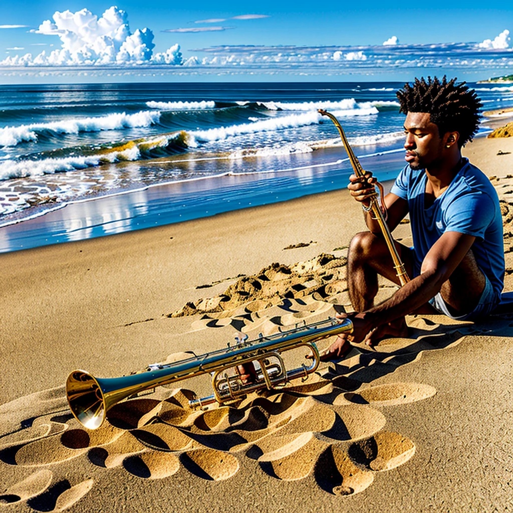 (masterpiece, top quality, best quality, official art, beautiful), At the beach, a trumpet on the ground