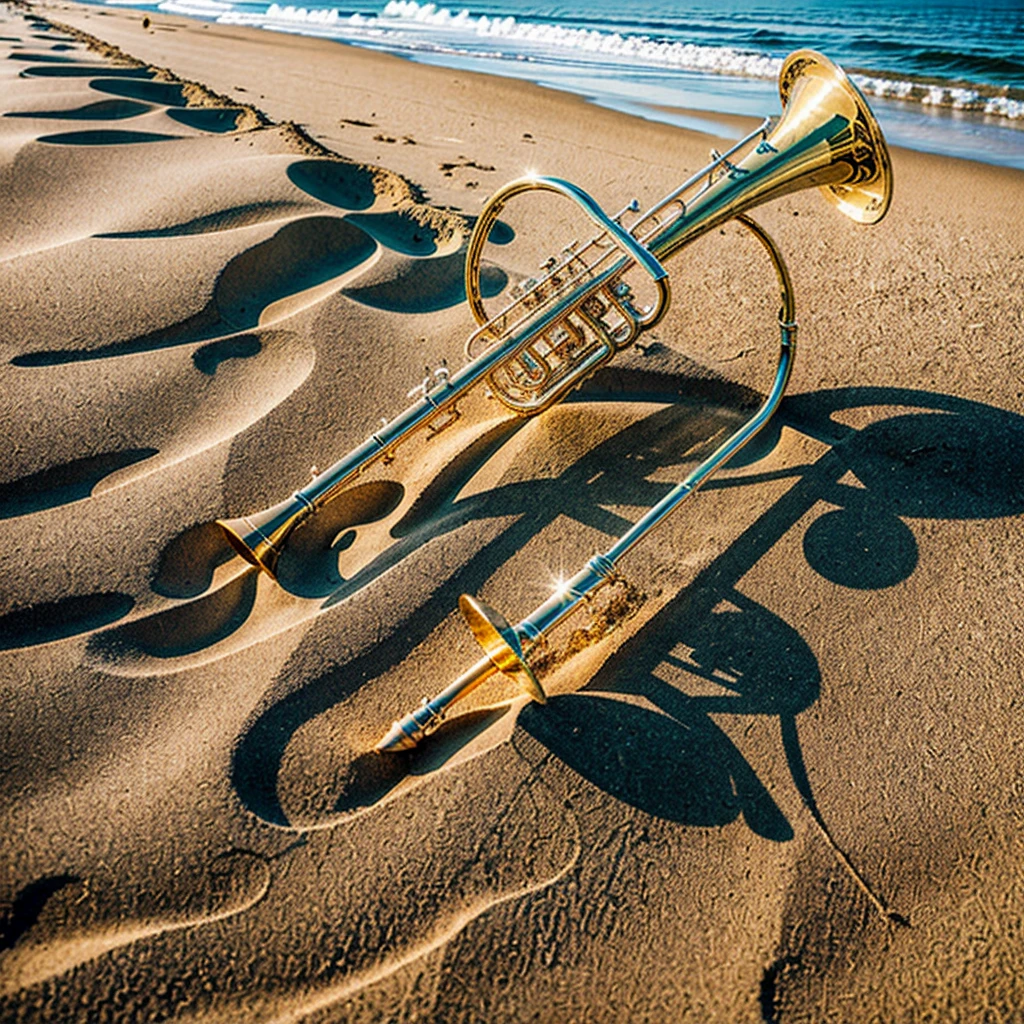 (masterpiece, top quality, best quality, official art, beautiful), At the beach, a trumpet on the ground