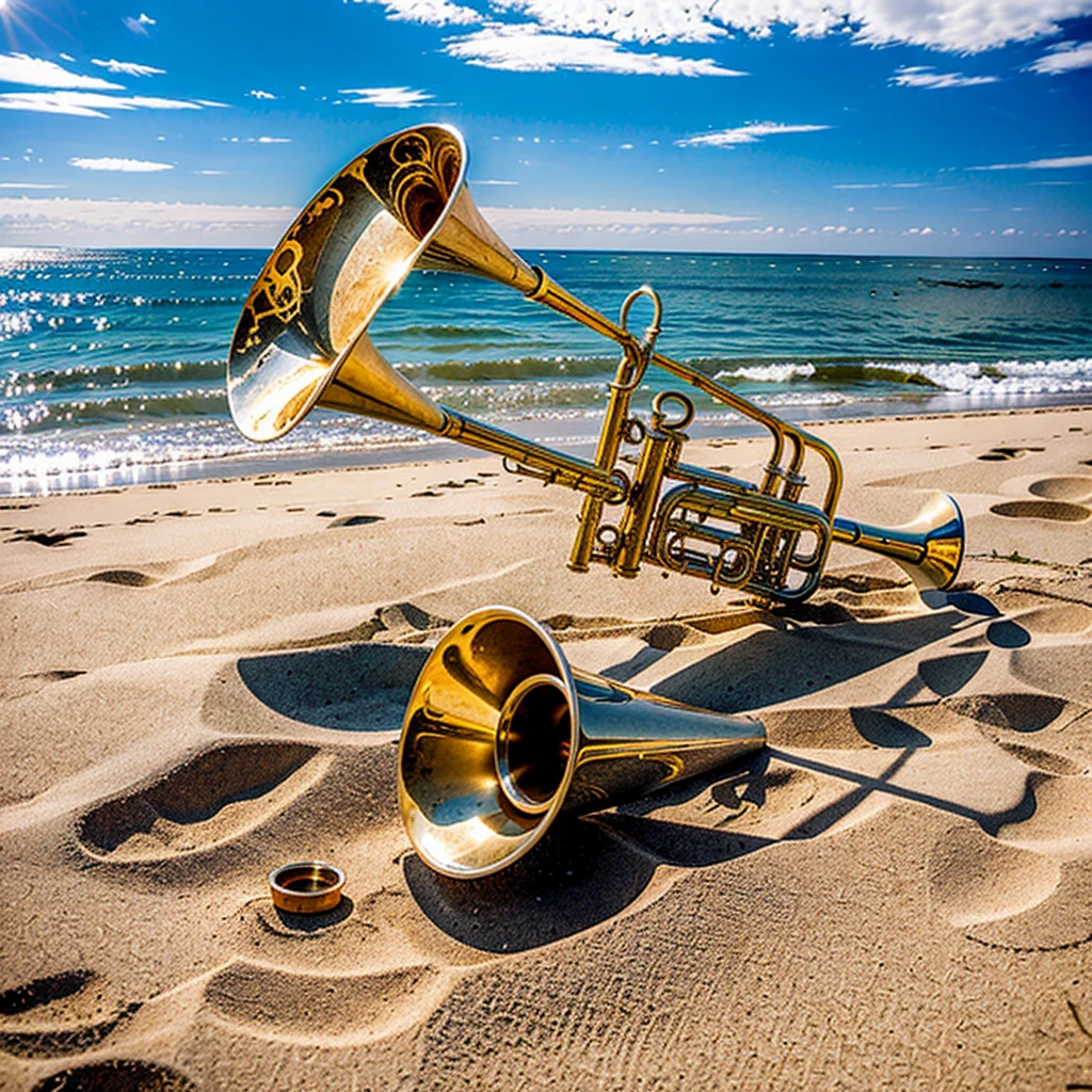 (masterpiece, top quality, best quality, official art, beautiful), At the beach, a trumpet on the ground