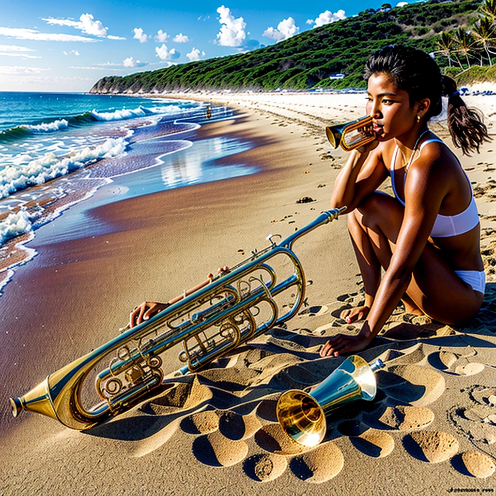 (masterpiece, top quality, best quality, official art, beautiful), At the beach, a trumpet on the ground