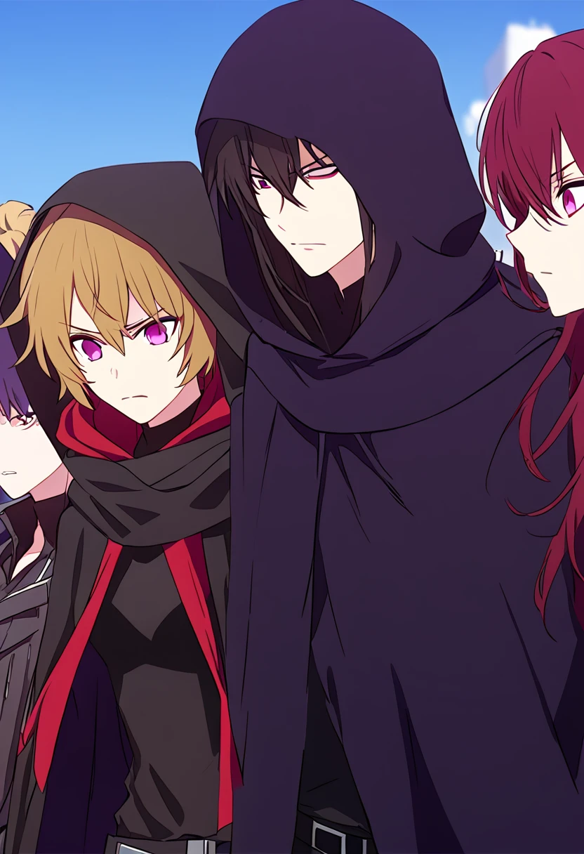 Anime male, black messy hair, purple eyes, black hood, black long scarf, black cloak, black pants, black shirt, serious face expression, (best quality), assassin type outfit, one person, cool