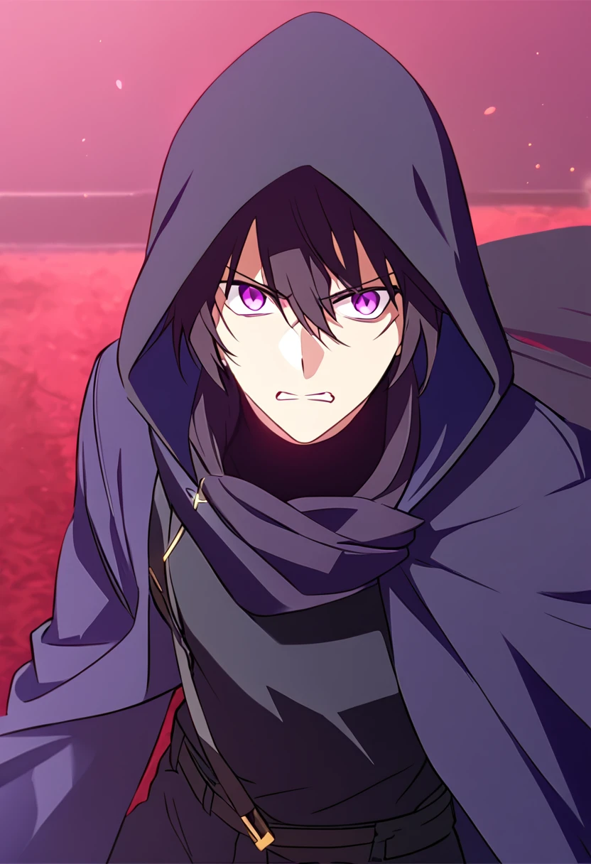 Anime male, black messy hair, purple eyes, black hood, black long scarf, black cloak, black pants, black shirt, serious face expression, (best quality), assassin type outfit, one person, cool