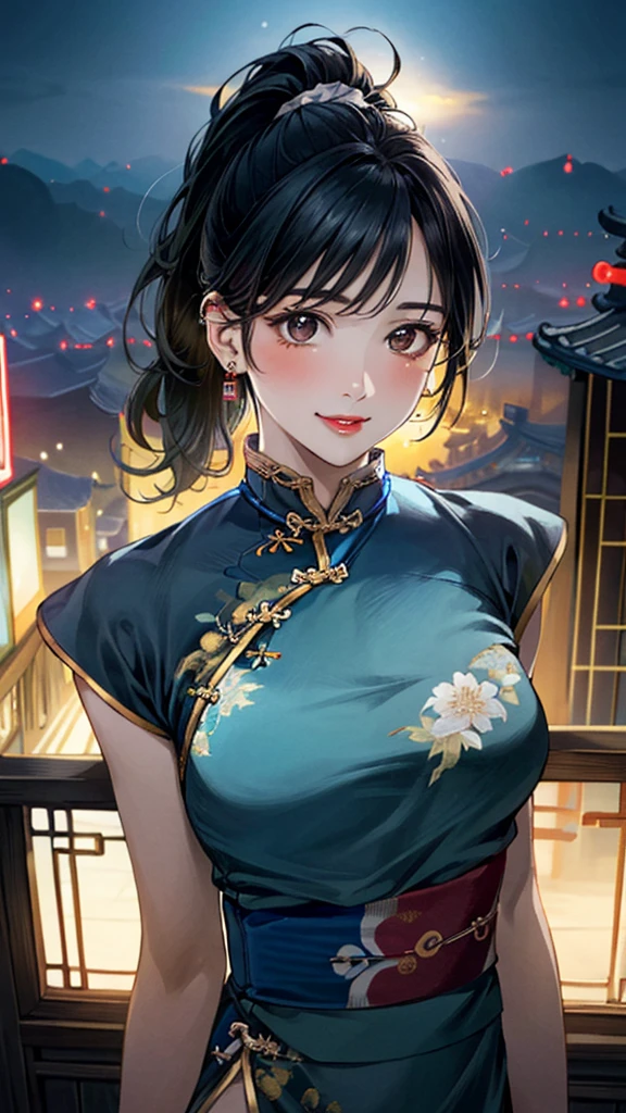 (masterpiece:1.3, Highest quality, Ultra-high resolution, Super detailed), (Realistic, photoRealistic:1.4), Beautiful illustrations, Perfect lighting, colorful, Depth of written boundary, 
Beautiful detailed hair, Beautifully detailed face, Beautiful fine details, Beautiful clavicle, Beautiful body, 美しいLarge Breasts, Beautiful thighs, Beautiful feet, Beautiful fingers, 
View Viewer、Front view:0.6, 1 girl, Japanese, Female college student, Perfect Face, (Perfect Anatomy, Anatomically correct), Cute and symmetrical face, Baby Face, , Shiny skin, 
((Chinese clothing:1.4))
(Black Hair, ponytail:1.4),  Dark brown eyes, (Large Breasts), thin, 
necklace, (Small earrings:1.3), 
(Beautiful views), (night), (city, cityscape in the distance), Are standing, A soft smile、(Smile, Lips parted), 