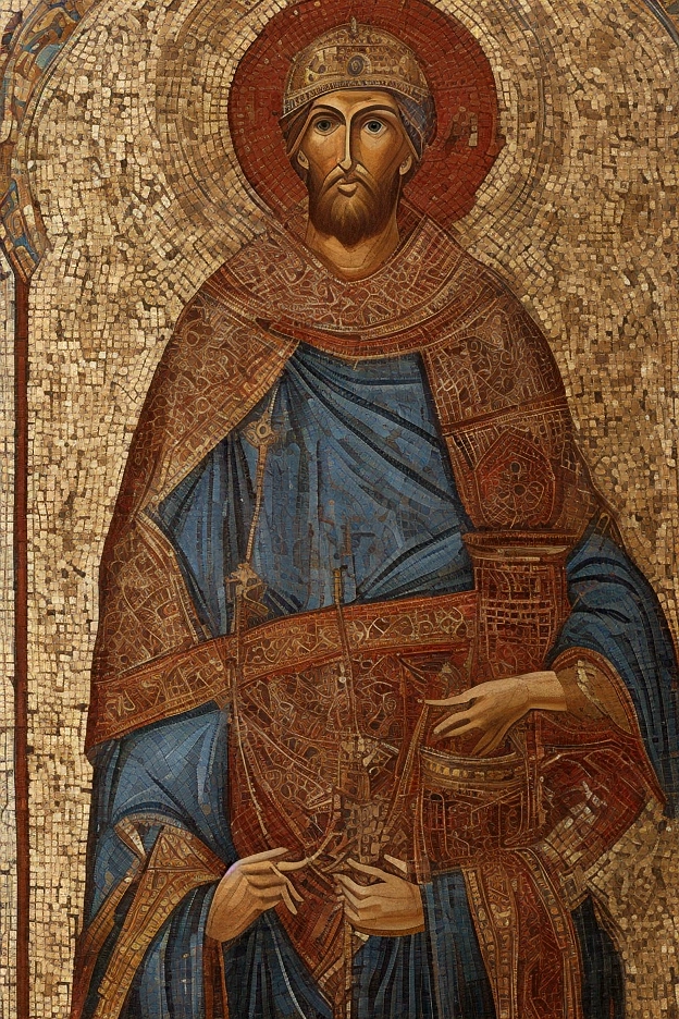 a close up of a mosaic of a man holding a basket, byzantine mosaic, inspired by Nicomachus of Thebes, orthodox mosaic, byzantine, seville. byzantine mosaics, artwork roman mosaic, portrait of saint of the pit, roman mosaic, inspired by Constantine Andreou, great king of stovokor, inspired by Cimabue Justinian The Great as Emperor of Byzantine Empire