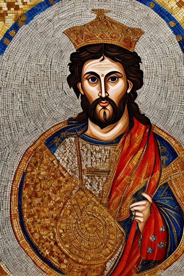 a close up of a mosaic of a man holding a basket, byzantine mosaic, inspired by Nicomachus of Thebes, orthodox mosaic, byzantine, seville. byzantine mosaics, artwork roman mosaic, portrait of saint of the pit, roman mosaic, inspired by Constantine Andreou, great king of stovokor, inspired by Cimabue Justinian The Great as Emperor of Byzantine Empire