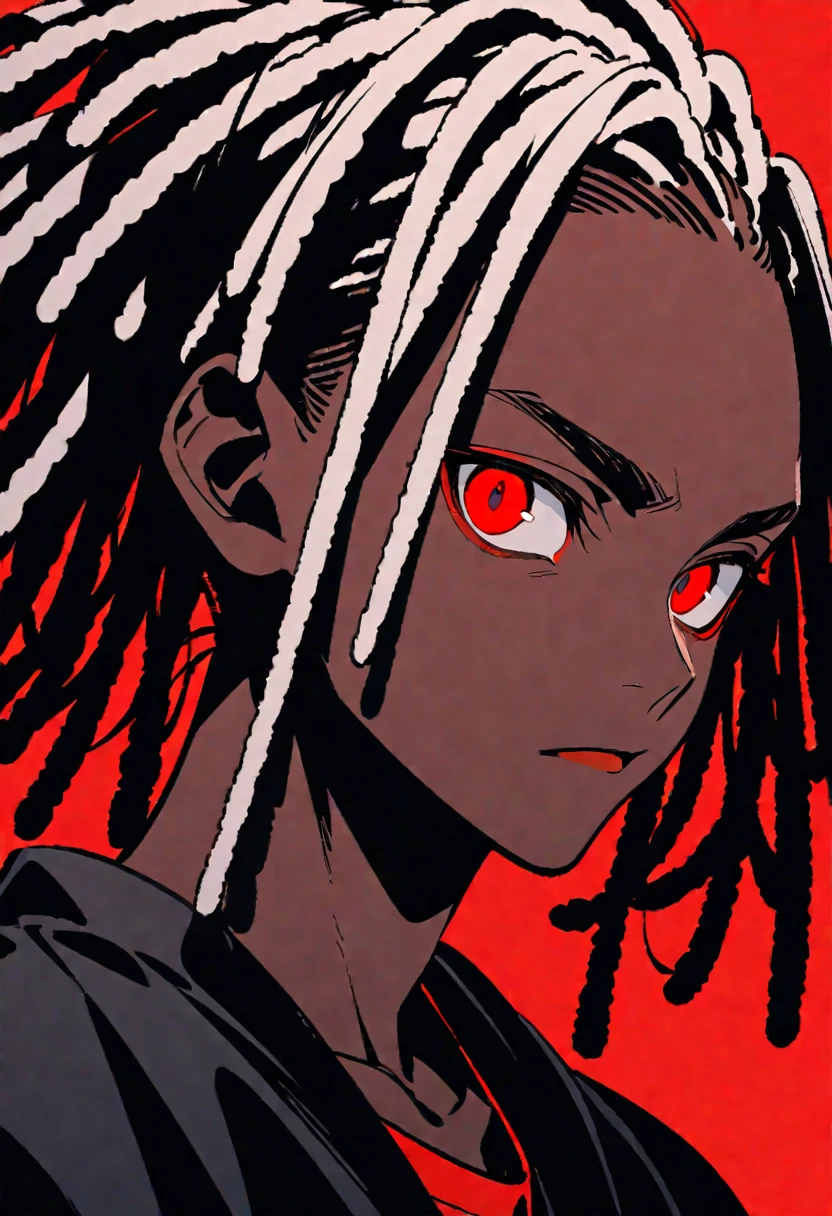 black man with red eyes, dreadlocks and black and red background