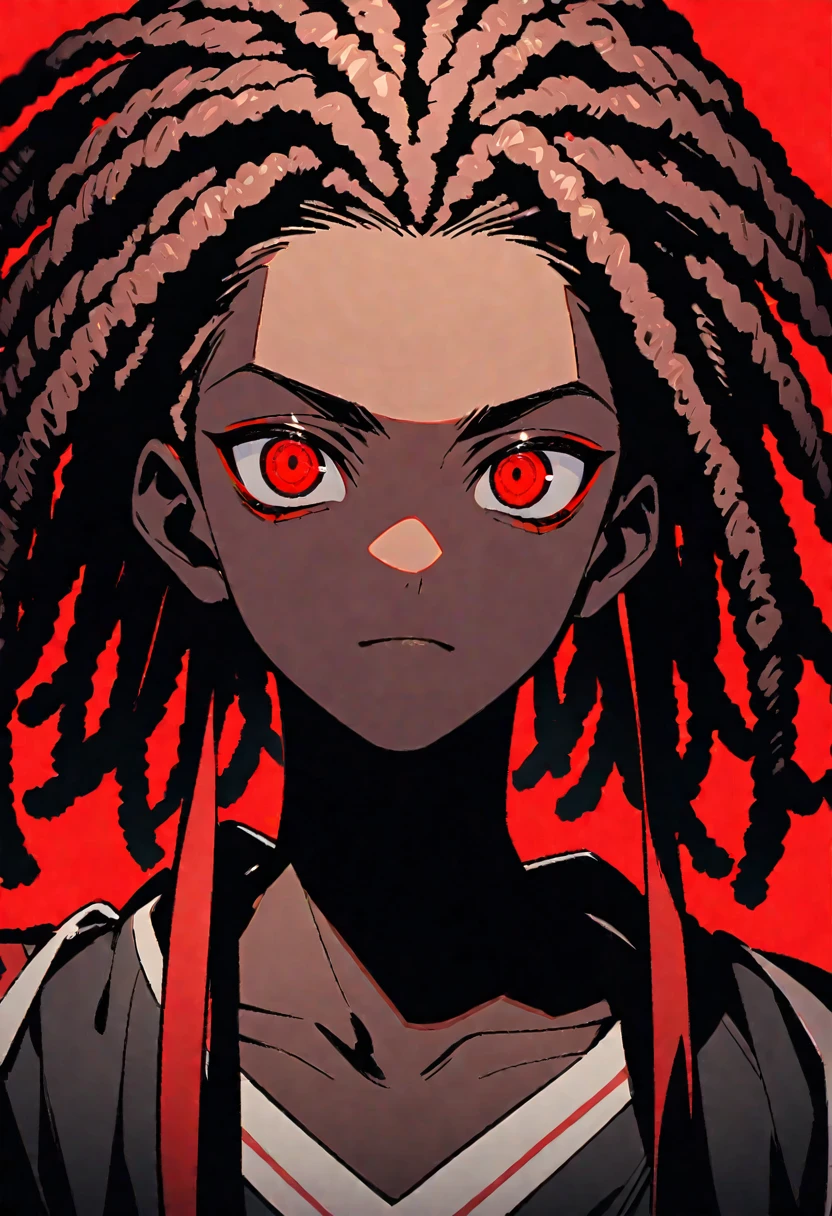 black man with red eyes, dreadlocks and black and red background 