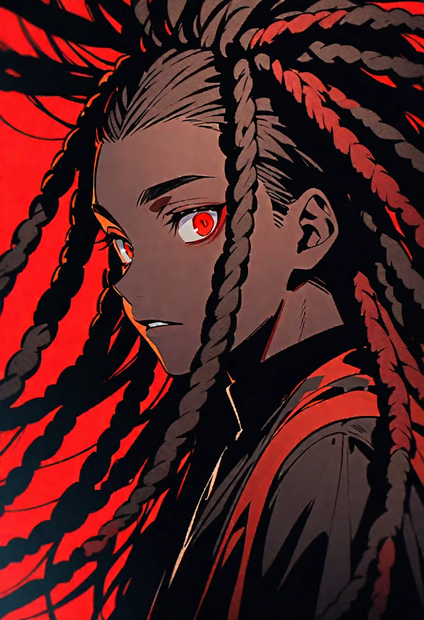 black man with red eyes, dreadlocks and black and red background 