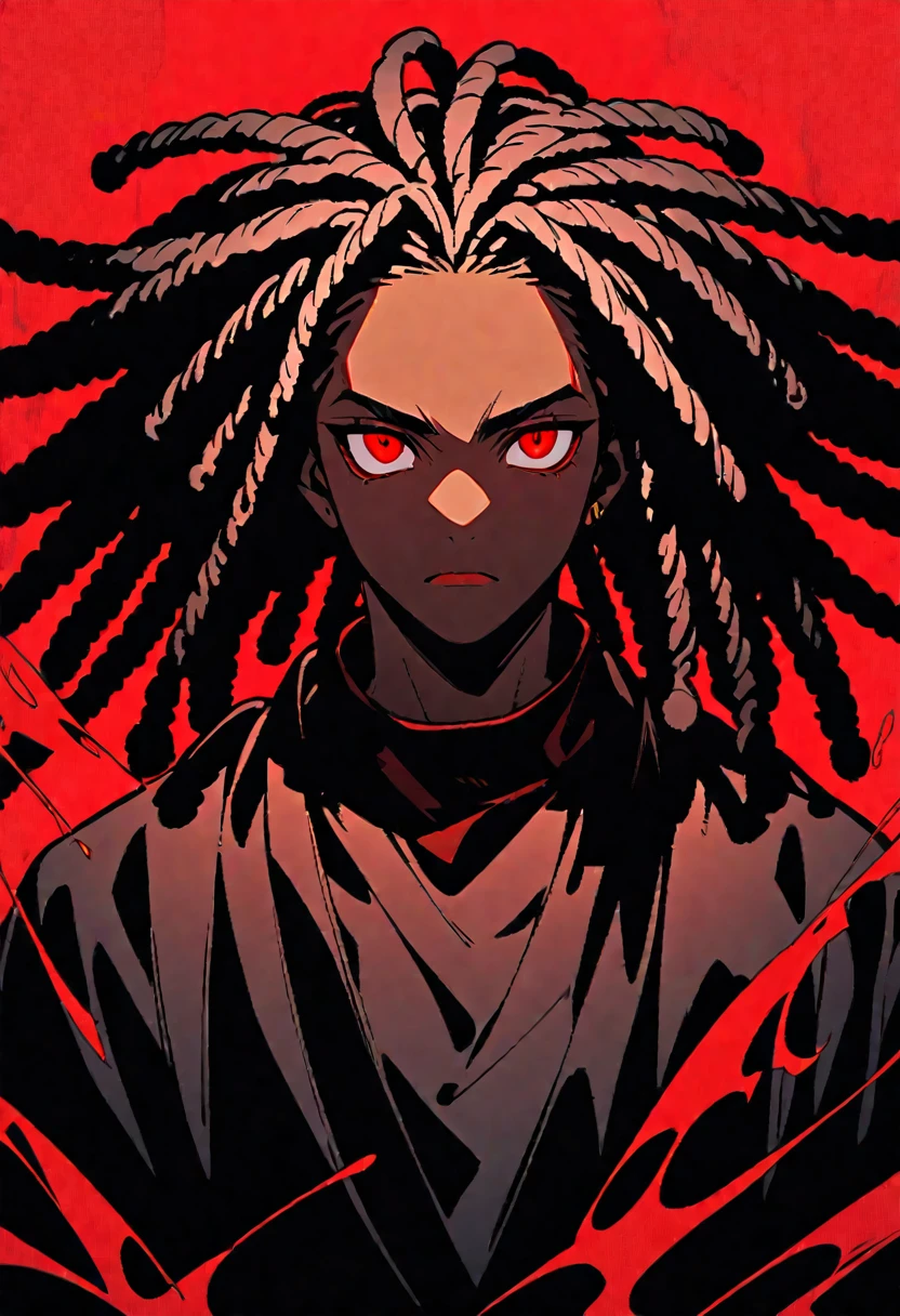 black man with red eyes, dreadlocks and black and red background 