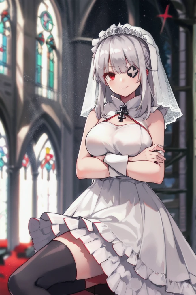 Huge_chest,Red knee socks,One girl,Gray Hair,Eye patch,Cowboy Shot,Sitting,Happy,Red eyes,View your viewers,Dutch Angle,Depth of written boundary,bangs,Fascinating_smile,Both sides up,Hair Clip,Medium Hair,(((Wedding dress))),(((Veil))),(((church background))),