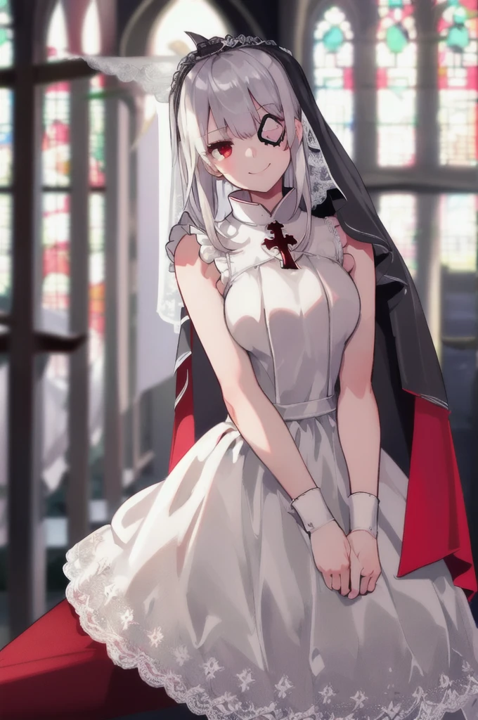 Huge_chest,Red knee socks,One girl,Gray Hair,Eye patch,Cowboy Shot,Sitting,Happy,Red eyes,View your viewers,Dutch Angle,Depth of written boundary,bangs,Fascinating_smile,Both sides up,Hair Clip,Medium Hair,(((Wedding dress))),(((Veil))),(((church background))),