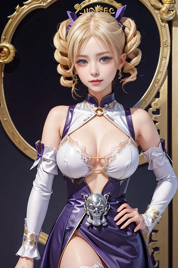 Highest quality Masterpiece 8K Super fine Beautiful face one girl realistic Perfect Human Anatomy The perfectly structured human hand Super Drill Twintails Platinum Blonde Hair Body Plump 18-year-old Shiny skin Slit eyes Thick makeup in Chinese style Milestones Long eyelashes Cao Cao Warlene Awkward gaze An inappropriate smile Leather clothing White lace outfit Purple hair ribbon decorated with a gold skull slender Super big breasts