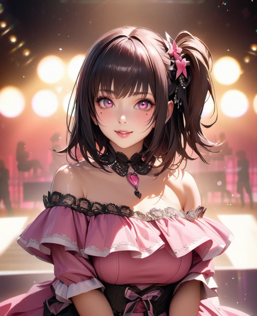 One Girl、Looking at the audience、
Beautiful pink eyes、Pink one side up hair, Mole under the eye、Plump and glossy lips、Heart-shaped choca、Idol、Her name is Rico,smile、ー、。.。.。.。.。.。.。.。.。.。.。.。.。.。.。.。.。.。.3D、Realistic、
off shoulder dress, Drape clothes、gem、The decoration has been removed、Floral、Lace trim,On a glittering stage、
masterpiece、highest quality、8k、Detailed skin texture、Detailed cloth texture、Beautifully detailed face、Intricate details、Very detailed、
超A high resolution、8k Ultra HD、Film Grain、Best Shadow、delicate、Gazing at the audience、front