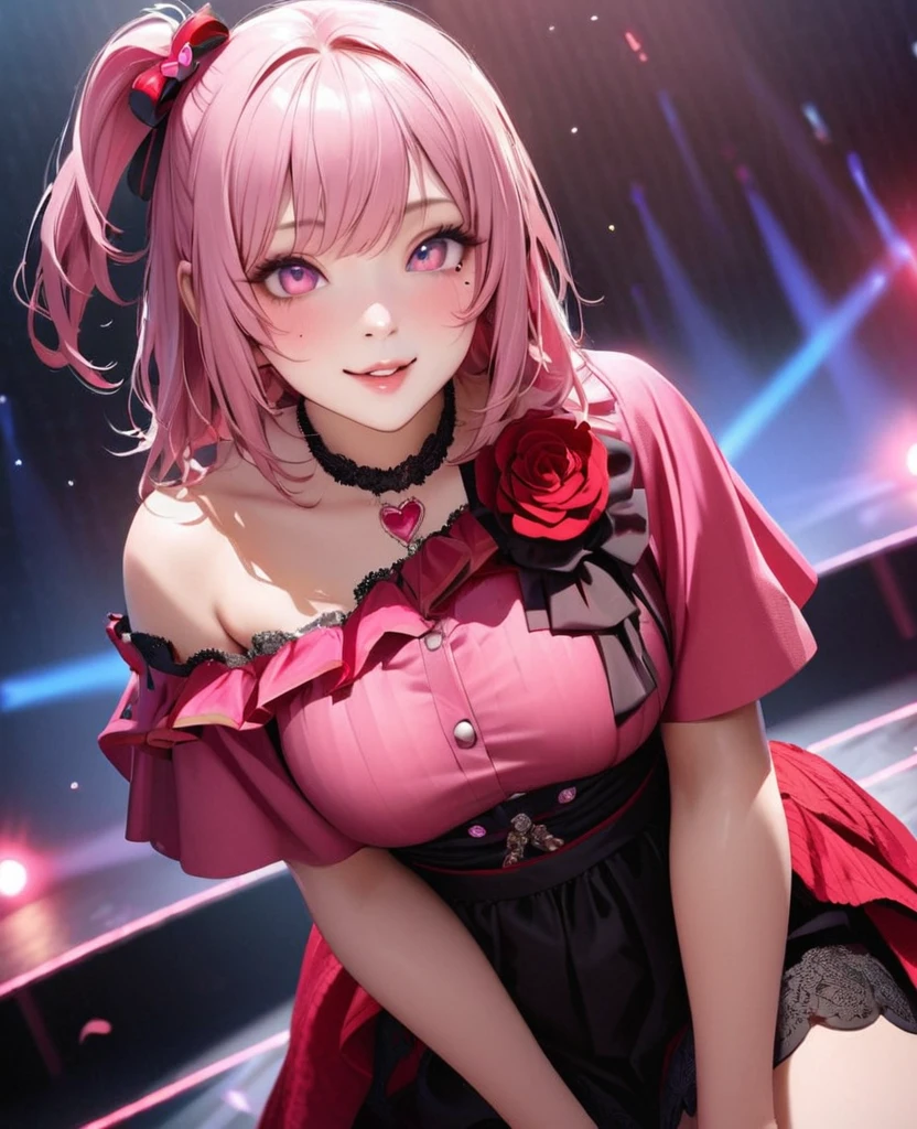 One Girl、Looking at the audience、
Beautiful pink eyes、Pink one side up hair, Mole under the eye、Plump and glossy lips、Heart-shaped choca、Idol、Her name is Rico,smile、ー、。.。.。.。.。.。.。.。.。.。.。.。.。.。.。.。.。.。.3D、Realistic、
off shoulder dress, Drape clothes、gem、The decoration has been removed、Floral、Lace trim,On a glittering stage、
masterpiece、highest quality、8k、Detailed skin texture、Detailed cloth texture、Beautifully detailed face、Intricate details、Very detailed、
超A high resolution、8k Ultra HD、Film Grain、Best Shadow、delicate、Gazing at the audience、front