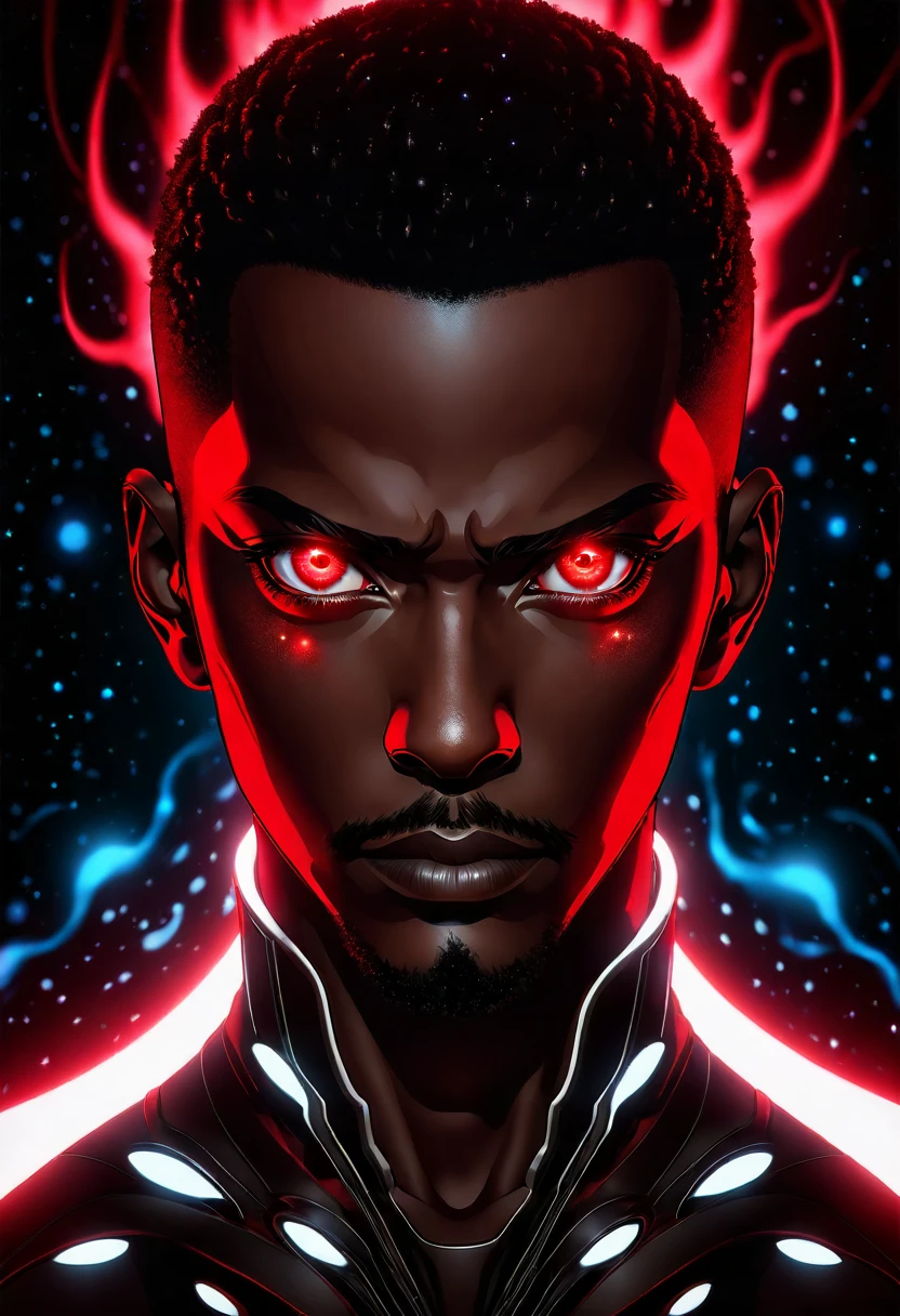 black man with red bioluminescence eyes and background 