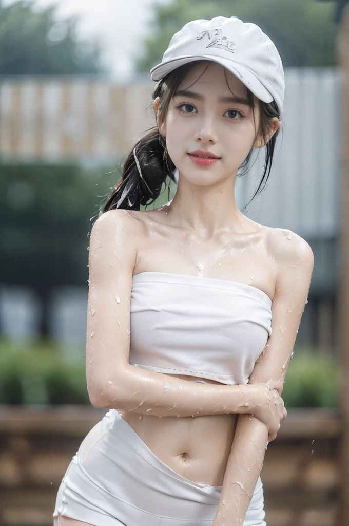 (Extremely meticulous CG),(((8k))),wallpaper,((Extremely refined and beautiful)),(((Masterpiece))),(((best qualtiy))),(((Ultra High Resolution))),realistic shaded,(Smooth and flawless fair skin:1.5),(Extremely exquisite facial details:1.2),(ultra-detailed:1.5),((a beautiful girl,solo)),(White baseball cap:1.5),(short ponytail:1.3),(wet hair:1.5),(small head:1.2),(slender face:1.2),(Exquisite makeup:1.3),(happy:1.2),(laughing:1.2),(perfect body:1.1),(wet:1.5),(sweat:1.3),(shiny skin:1.5),(strapless white bra:1.3),(small breasts:1.3),(flat chest:1.2),((slim,thin)),(from front:1.3),(standing:1.3),(at the schoolgate:1.5),(urban landscape:1.3),(outdoor:1.3),(summer:1.3),(day scene:1.3),(dark lighting:1.5),(cloudy:1.5),(rainy:1.3),(overcast:1.5),(close-up of face:1.3),(surrounded by crowded crowds:1.5)