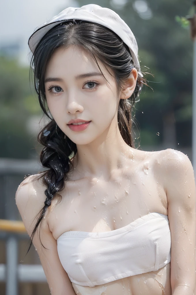 (Extremely meticulous CG),(((8k))),wallpaper,((Extremely refined and beautiful)),(((Masterpiece))),(((best qualtiy))),(((Ultra High Resolution))),realistic shaded,(Smooth and flawless fair skin:1.5),(Extremely exquisite facial details:1.2),(ultra-detailed:1.5),((a beautiful girl,solo)),(White baseball cap:1.5),(short ponytail:1.3),(wet hair:1.5),(small head:1.2),(slender face:1.2),(Exquisite makeup:1.3),(happy:1.2),(laughing:1.2),(perfect body:1.1),(wet:1.5),(sweat:1.3),(shiny skin:1.5),(strapless white bra:1.3),(small breasts:1.3),(flat chest:1.2),((slim,thin)),(from front:1.3),(standing:1.3),(at the schoolgate:1.5),(urban landscape:1.3),(outdoor:1.3),(summer:1.3),(day scene:1.3),(dark lighting:1.5),(cloudy:1.5),(rainy:1.3),(overcast:1.5),(close-up of face:1.3),(surrounded by crowded crowds:1.5)