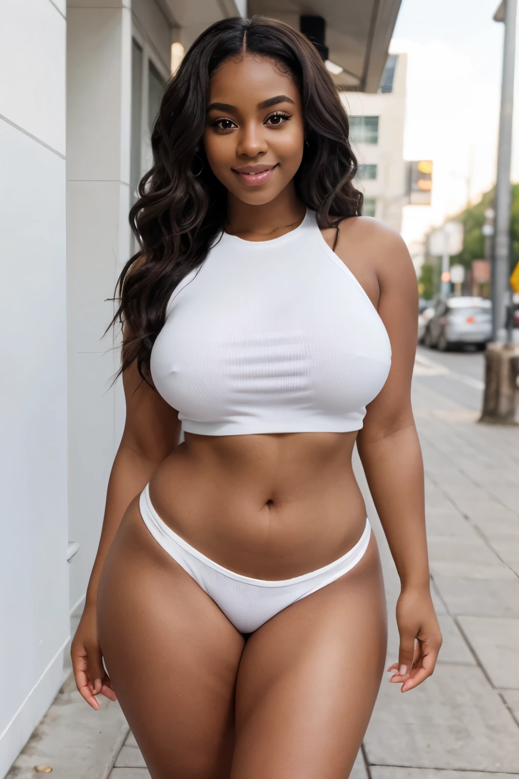 Black girl , wavy hair , big eyes , brown eyes , thick body, sexy curvy model body ,real human , real girl wearing white casual outfit and looking sexy with a smile in the face