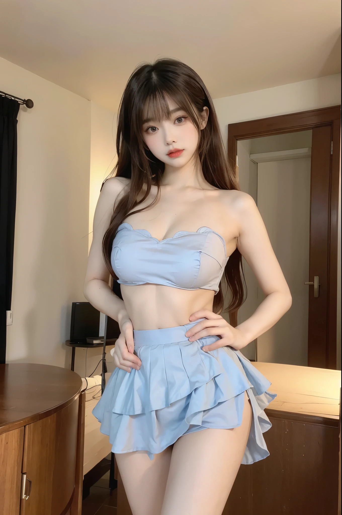 Tsikyo, Beauty, beautiful女人，Have a perfect body：1.4，Layered Hairstyle，((Big breasts)), ((D cup)), Visible cleavage，Bare shoulders, Highly detailed face and skin texture，Double eyelids，Skin Whitening，Long hair，Whitening long legs，Standing by the sea, Fashion girl, Red lips, Sweet maiden, beautiful妆容, detail, lifelike, Very detailed, amazing, beautiful, Young and energetic, high quality，High Definition, rich and colorful，Exquisite, Smooth skin, The skirt is short, Lift the skirt with your hands, Elegant and charming posture, Official Art, Extremely detailed, Movie atmosphere, Soft colors, Natural skin texture,