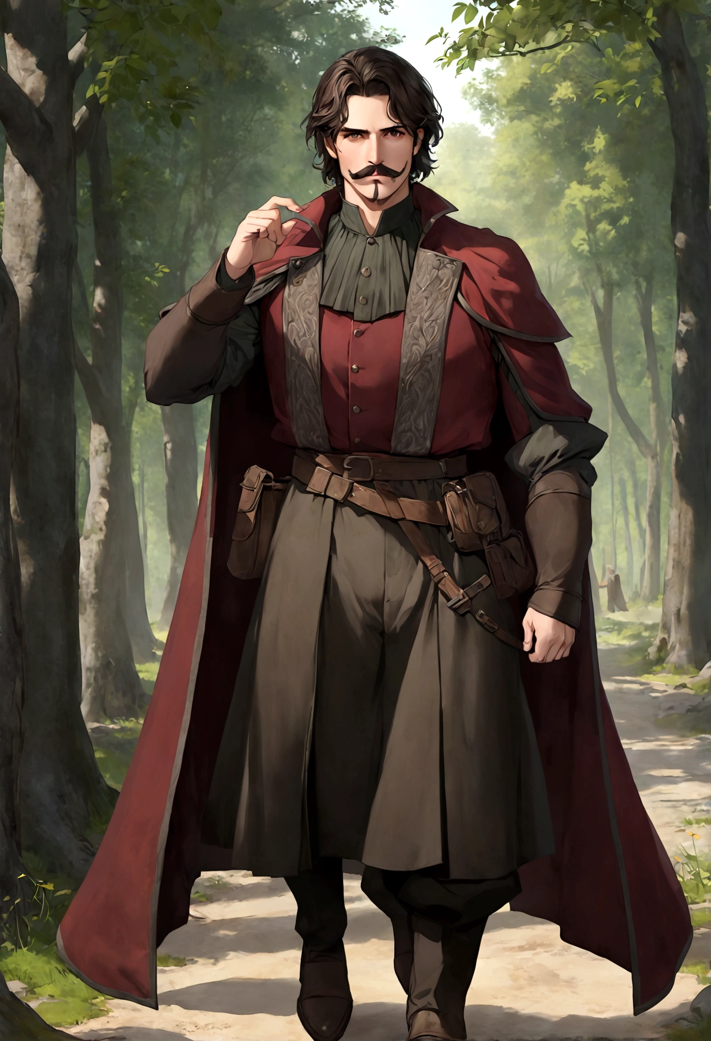 (Una gran armadura medieval para hombre), ), ((bigote estilo Van Dyke y (barba de chivo) "Van Dyke", Van Dyke beard)), (light brown eyes), Aspecto atractivo y serio, ((cabello muy largo oscuro, messy hair)), Elegante y con estilo, armadura, Un hombre maduro similar al actor Jim Morrison con el cabello largo, ((cabello muy largo)), (Imagen realista y de alta calidad), campamento medieval en las afueras, un bosque al rededor, ((La mejor calidad, 8K, obra maestra).((dynamic pose with forward gaze, viendo al espectador)), (cabello largo pasando los hombros)