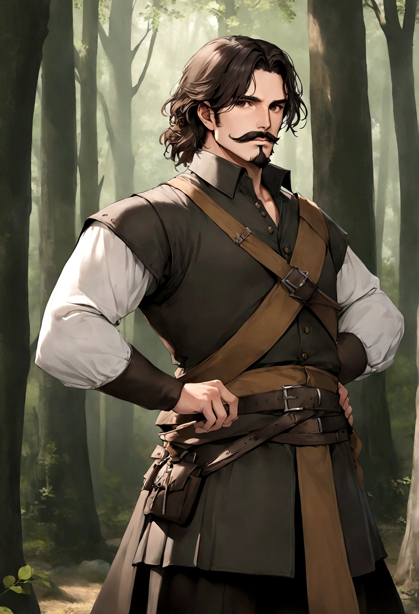 (Una gran armadura medieval para hombre), ), ((bigote estilo Van Dyke y (barba de chivo) "Van Dyke", Van Dyke beard)), (light brown eyes), Aspecto atractivo y serio, ((cabello muy largo oscuro, messy hair)), Elegante y con estilo, armadura, Un hombre maduro similar al actor Jim Morrison con el cabello largo, ((cabello muy largo)), (Imagen realista y de alta calidad), campamento medieval en las afueras, un bosque al rededor, ((La mejor calidad, 8K, obra maestra).((dynamic pose with forward gaze, viendo al espectador)), (cabello largo pasando los hombros)