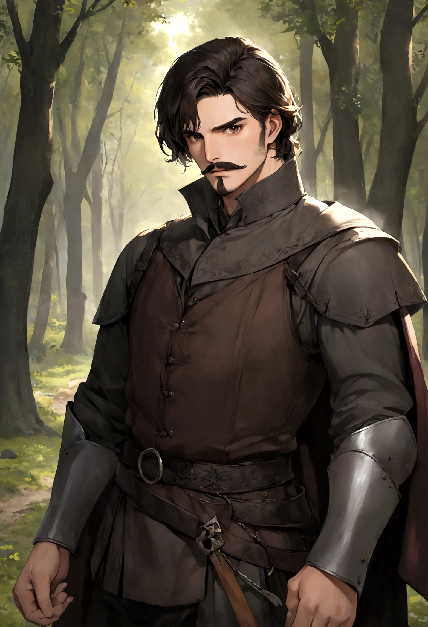 (Una gran armadura medieval para hombre), ), ((bigote estilo Van Dyke y (barba de chivo) "Van Dyke", Van Dyke beard)), (light brown eyes), Aspecto atractivo y serio, ((cabello muy largo oscuro, messy hair)), Elegante y con estilo, armadura, Un hombre maduro similar al actor Jim Morrison con el cabello largo, ((cabello muy largo)), (Imagen realista y de alta calidad), campamento medieval en las afueras, un bosque al rededor, ((La mejor calidad, 8K, obra maestra).((dynamic pose with forward gaze, viendo al espectador)), (cabello largo pasando los hombros)