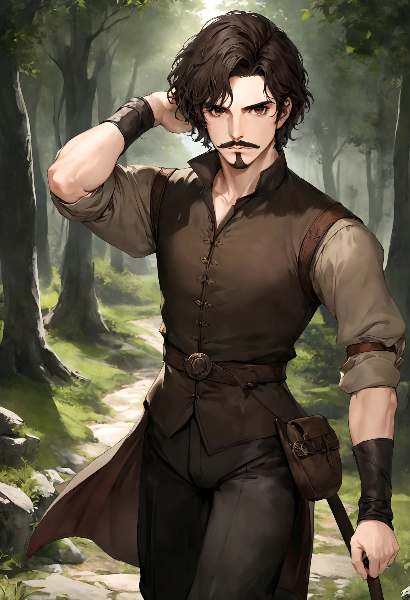 (Una gran armadura medieval para hombre), ), ((bigote estilo Van Dyke y (barba de chivo) "Van Dyke", Van Dyke beard)), (light brown eyes), Aspecto atractivo y serio, ((cabello muy largo oscuro, messy hair)), Elegante y con estilo, armadura, Un hombre maduro similar al actor Jim Morrison con el cabello largo, ((cabello muy largo)), (Imagen realista y de alta calidad), campamento medieval en las afueras, un bosque al rededor, ((La mejor calidad, 8K, obra maestra).((dynamic pose with forward gaze, viendo al espectador)), (cabello largo pasando los hombros)