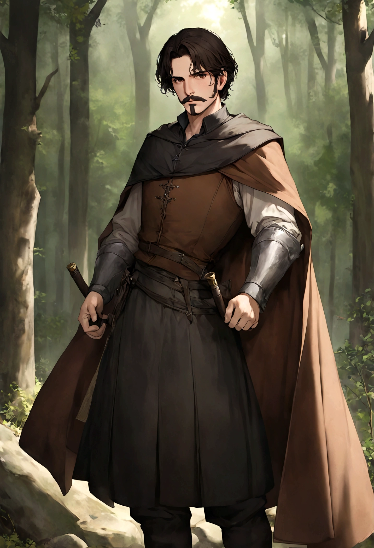 (Una gran armadura medieval para hombre), ), ((bigote estilo Van Dyke y (barba de chivo) "Van Dyke", Van Dyke beard)), (light brown eyes), Aspecto atractivo y serio, ((cabello muy largo oscuro, messy hair)), Elegante y con estilo, armadura, Un hombre maduro similar al actor Jim Morrison con el cabello largo, ((cabello muy largo)), (Imagen realista y de alta calidad), campamento medieval en las afueras, un bosque al rededor, ((La mejor calidad, 8K, obra maestra).((dynamic pose with forward gaze, viendo al espectador)), (cabello largo pasando los hombros)
