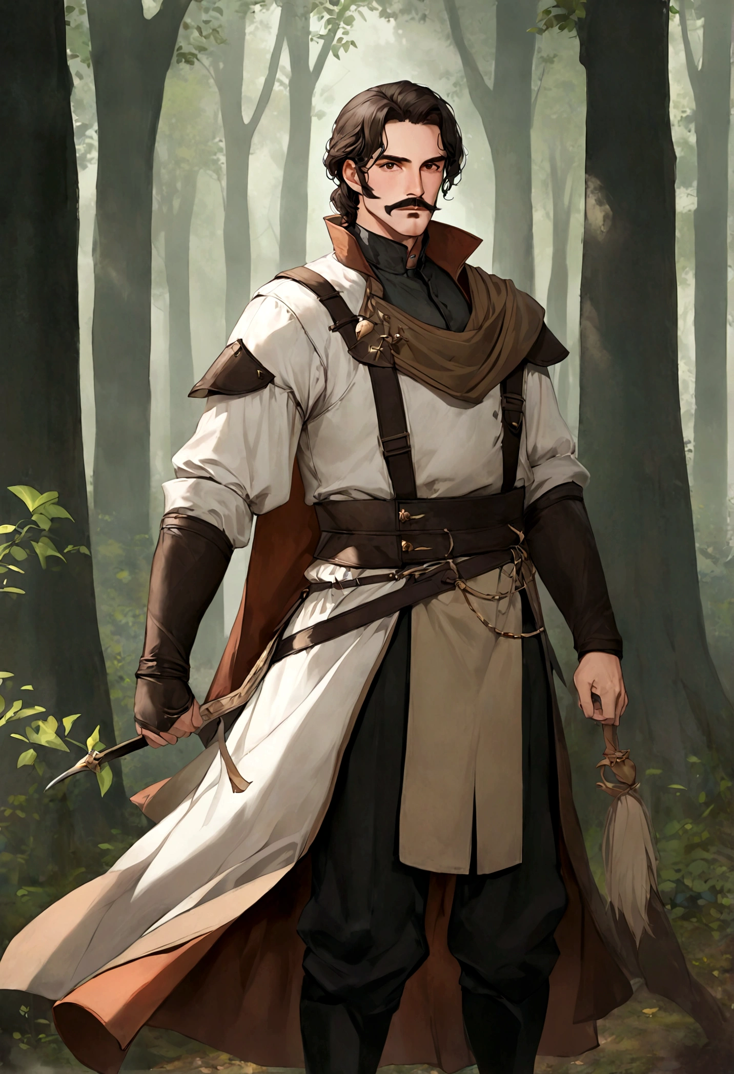 (Una gran armadura medieval para hombre), ), ((bigote estilo Van Dyke y (barba de chivo) "Van Dyke", Van Dyke beard)), (light brown eyes), Aspecto atractivo y serio, ((cabello muy largo oscuro, messy hair)), Elegante y con estilo, armadura, Un hombre maduro similar al actor Jim Morrison con el cabello largo, ((cabello muy largo)), (Imagen realista y de alta calidad), campamento medieval en las afueras, un bosque al rededor, ((La mejor calidad, 8K, obra maestra).((dynamic pose with forward gaze, viendo al espectador)), (cabello largo pasando los hombros)