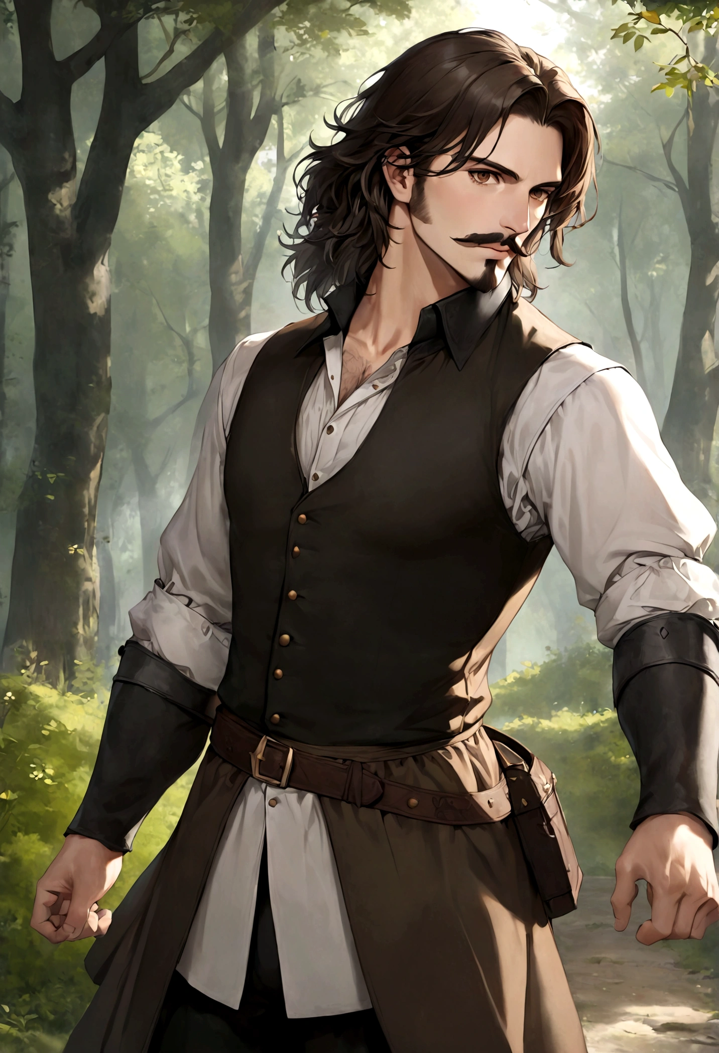 (Una gran armadura medieval para hombre), ), ((bigote estilo Van Dyke y (barba de chivo) "Van Dyke", Van Dyke beard)), (light brown eyes), Aspecto atractivo y serio, ((cabello muy largo oscuro, messy hair)), Elegante y con estilo, armadura, Un hombre maduro similar al actor Jim Morrison con el cabello largo, ((cabello muy largo)), (Imagen realista y de alta calidad), campamento medieval en las afueras, un bosque al rededor, ((La mejor calidad, 8K, obra maestra).((dynamic pose with forward gaze, viendo al espectador)), (cabello largo pasando los hombros)