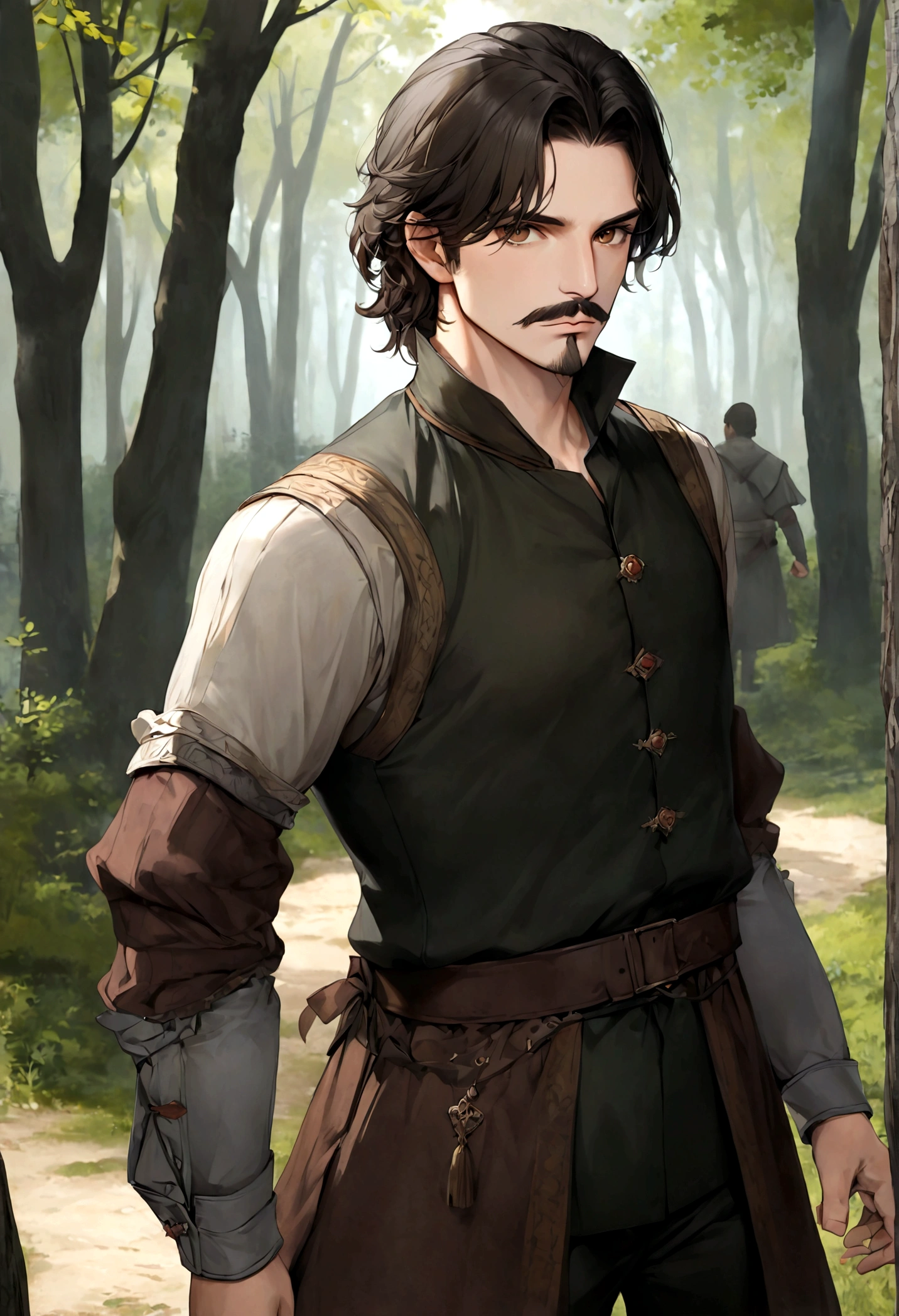 (Una gran armadura medieval para hombre), ), ((bigote estilo Van Dyke y (barba de chivo) "Van Dyke", Van Dyke beard)), (light brown eyes), Aspecto atractivo y serio, ((cabello muy largo oscuro, messy hair)), Elegante y con estilo, armadura, Un hombre maduro similar al actor Jim Morrison con el cabello largo, ((cabello muy largo)), (Imagen realista y de alta calidad), campamento medieval en las afueras, un bosque al rededor, ((La mejor calidad, 8K, obra maestra).((dynamic pose with forward gaze, viendo al espectador)), (cabello largo pasando los hombros)