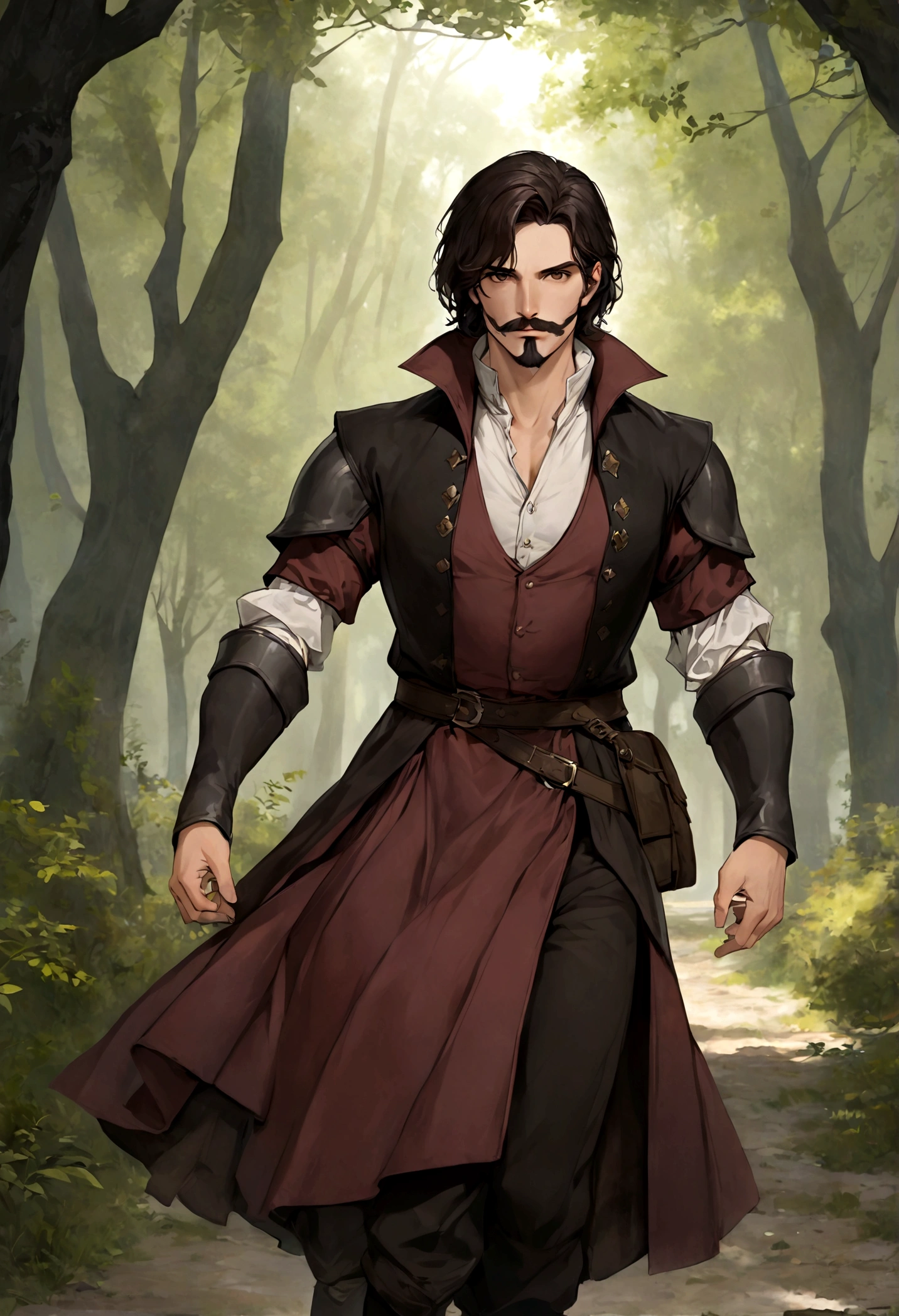 (Una gran armadura medieval para hombre), ), ((bigote estilo Van Dyke y (barba de chivo) "Van Dyke", Van Dyke beard)), (light brown eyes), Aspecto atractivo y serio, ((cabello muy largo oscuro, messy hair)), Elegante y con estilo, armadura, Un hombre maduro similar al actor Jim Morrison con el cabello largo, ((cabello muy largo)), (Imagen realista y de alta calidad), campamento medieval en las afueras, un bosque al rededor, ((La mejor calidad, 8K, obra maestra).((dynamic pose with forward gaze, viendo al espectador)), (cabello largo pasando los hombros)