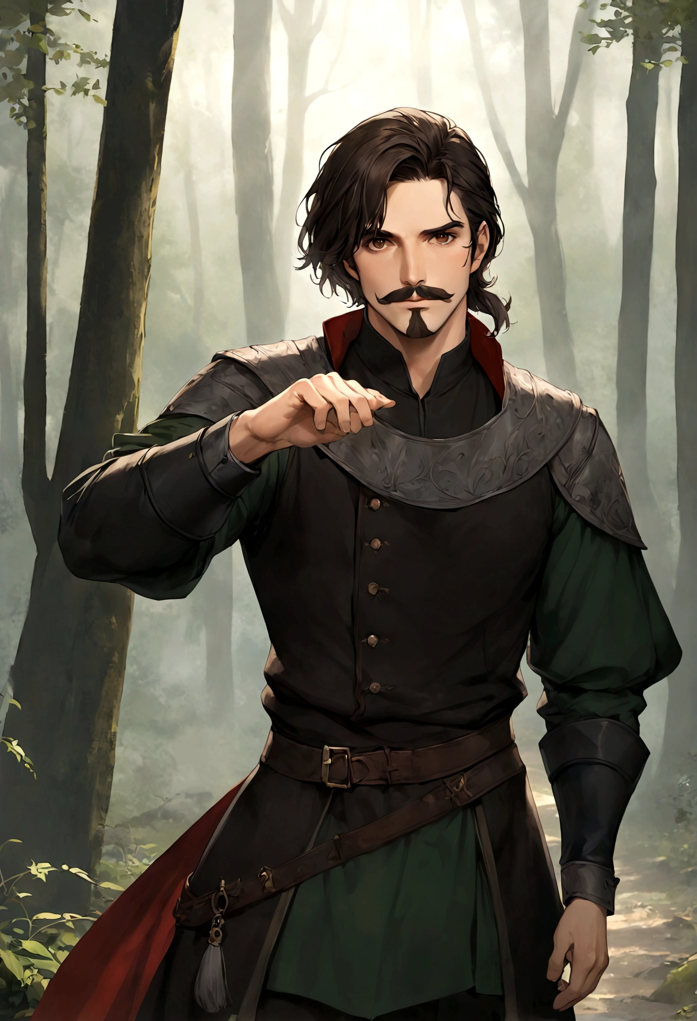 (Una gran armadura medieval para hombre), ), ((bigote estilo Van Dyke y (barba de chivo) "Van Dyke", Van Dyke beard)), (light brown eyes), Aspecto atractivo y serio, ((cabello muy largo oscuro, messy hair)), Elegante y con estilo, armadura, Un hombre maduro similar al actor Jim Morrison con el cabello largo, ((cabello muy largo)), (Imagen realista y de alta calidad), campamento medieval en las afueras, un bosque al rededor, ((La mejor calidad, 8K, obra maestra).((dynamic pose with forward gaze, viendo al espectador)), (cabello largo pasando los hombros)