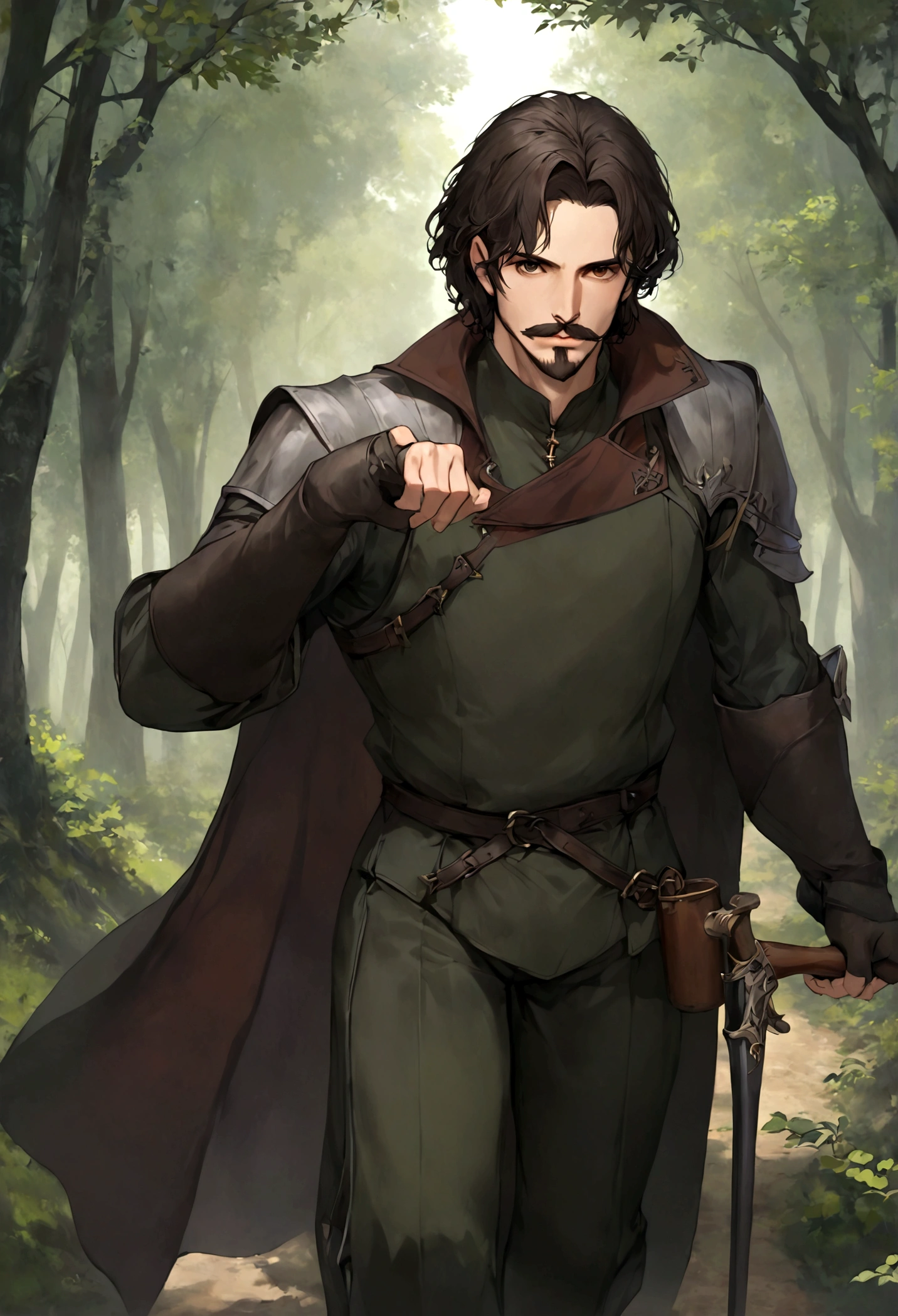 (Una gran armadura medieval para hombre), ), ((bigote estilo Van Dyke y (barba de chivo) "Van Dyke", Van Dyke beard)), (light brown eyes), Aspecto atractivo y serio, ((cabello muy largo oscuro, messy hair)), Elegante y con estilo, armadura, Un hombre maduro similar al actor Jim Morrison con el cabello largo, ((cabello muy largo)), (Imagen realista y de alta calidad), campamento medieval en las afueras, un bosque al rededor, ((La mejor calidad, 8K, obra maestra).((dynamic pose with forward gaze, viendo al espectador)), (cabello largo pasando los hombros)