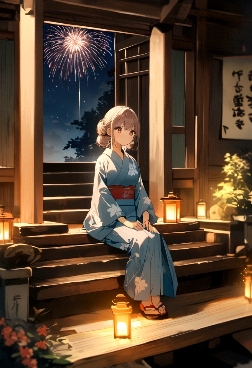 Starry Sky、Light up fireworks、A girl wearing a yukata sitting on the steps of a shrine