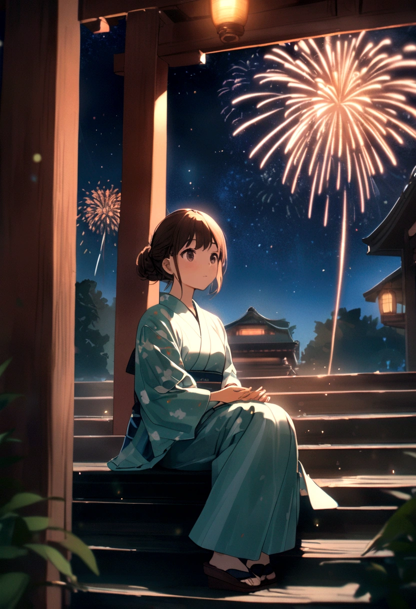 Starry Sky、Light up fireworks、A girl wearing a yukata sitting on the steps of a shrine