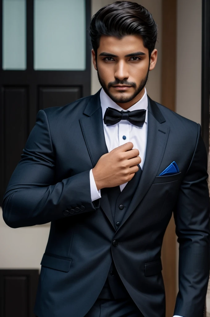 Hombre joven fuerte ojos azules pelo negro con traje